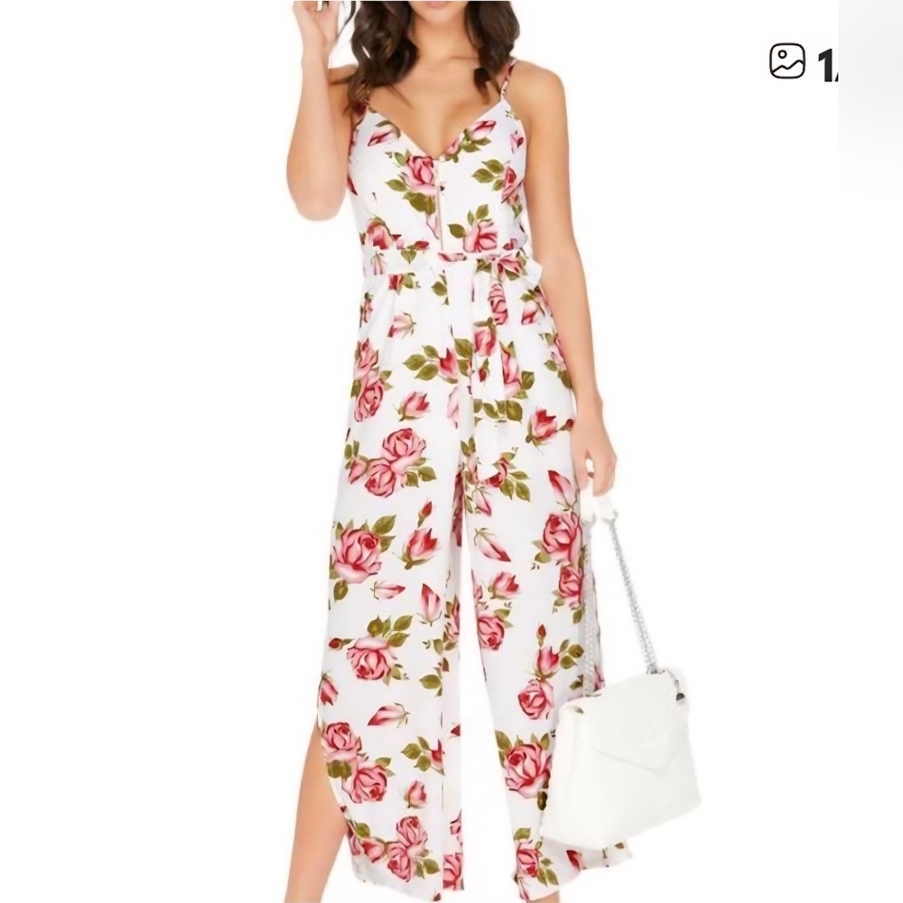 New + Tag Guess Womens Size Large Pink Roses Flower Pant White Jumpsuit Romper